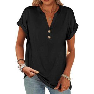 Womens V Neck Short Sleeve Henley Top Casual Loose Fit Summer Blouse Shirt
